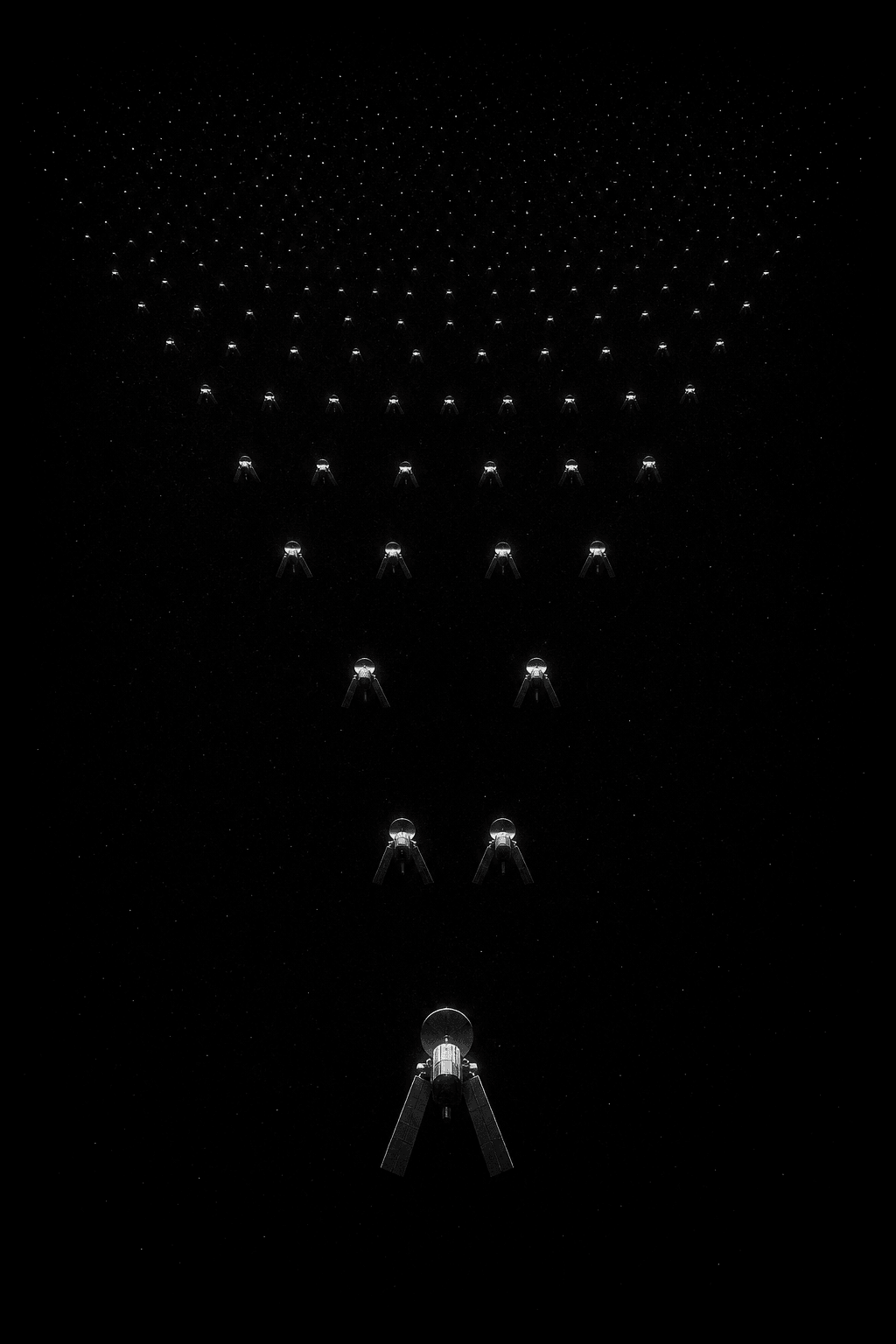 One von Neumann probe doubling into ranks of identical copies, fanning outward until they dissolve into a field of stars